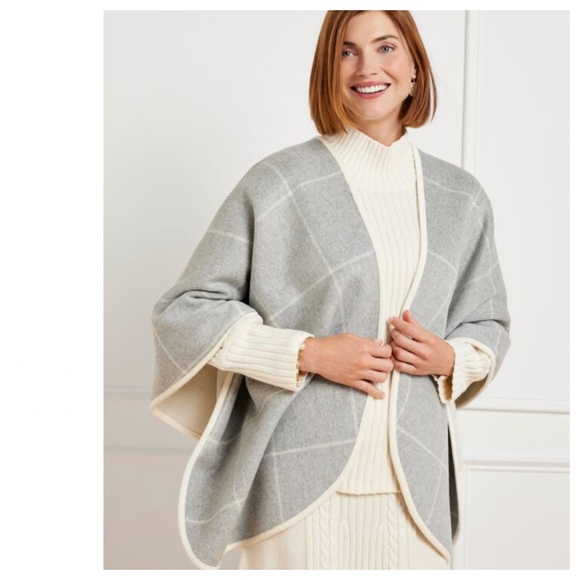 Talbots Open Poncho Sweater Kimono Cape Sz M/L Medium Large Gray WOOL Pinetree - Picture 1 of 5